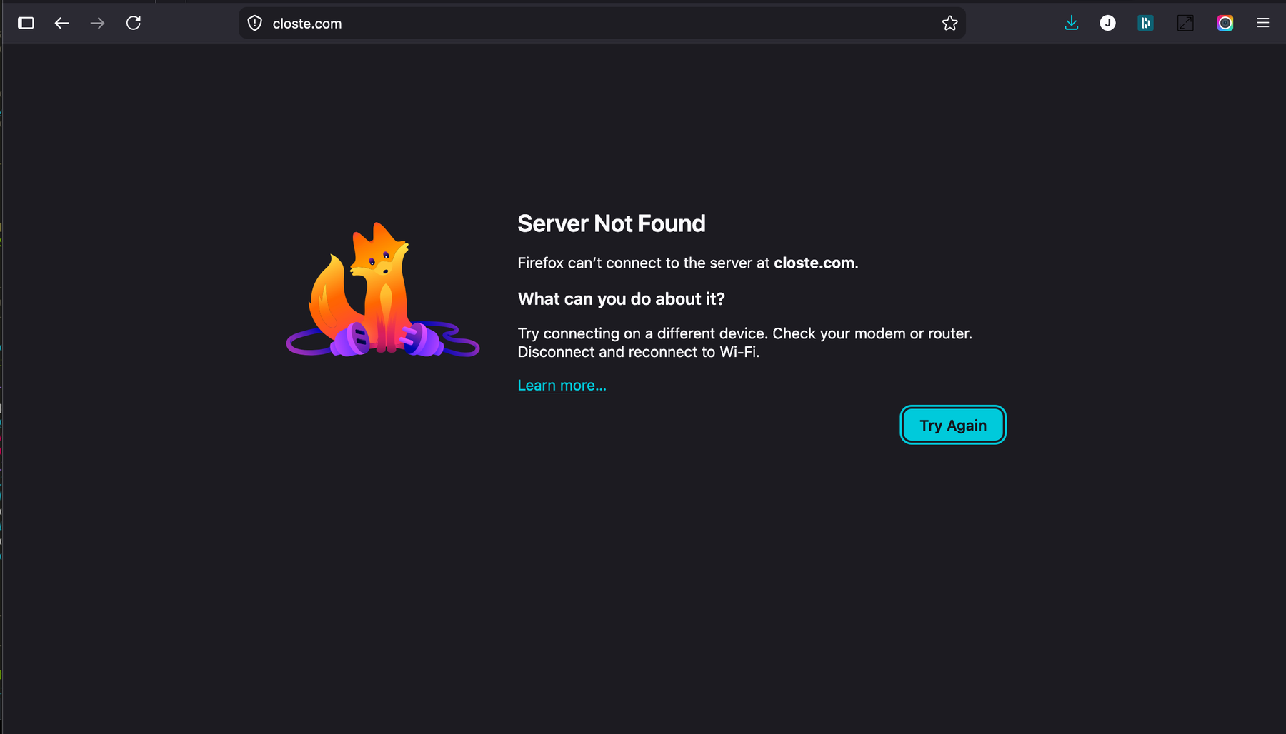 Firefox Server Not Found error for closte.com on July 18 2026