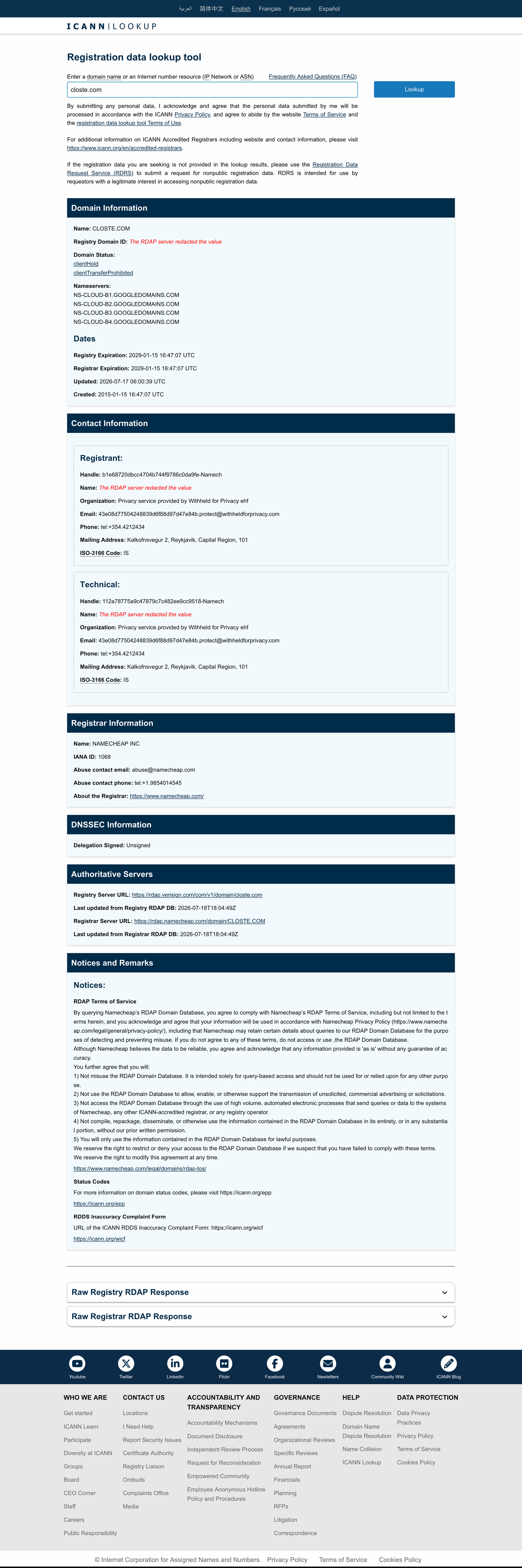 ICANN Lookup result for closte.com showing clientHold status