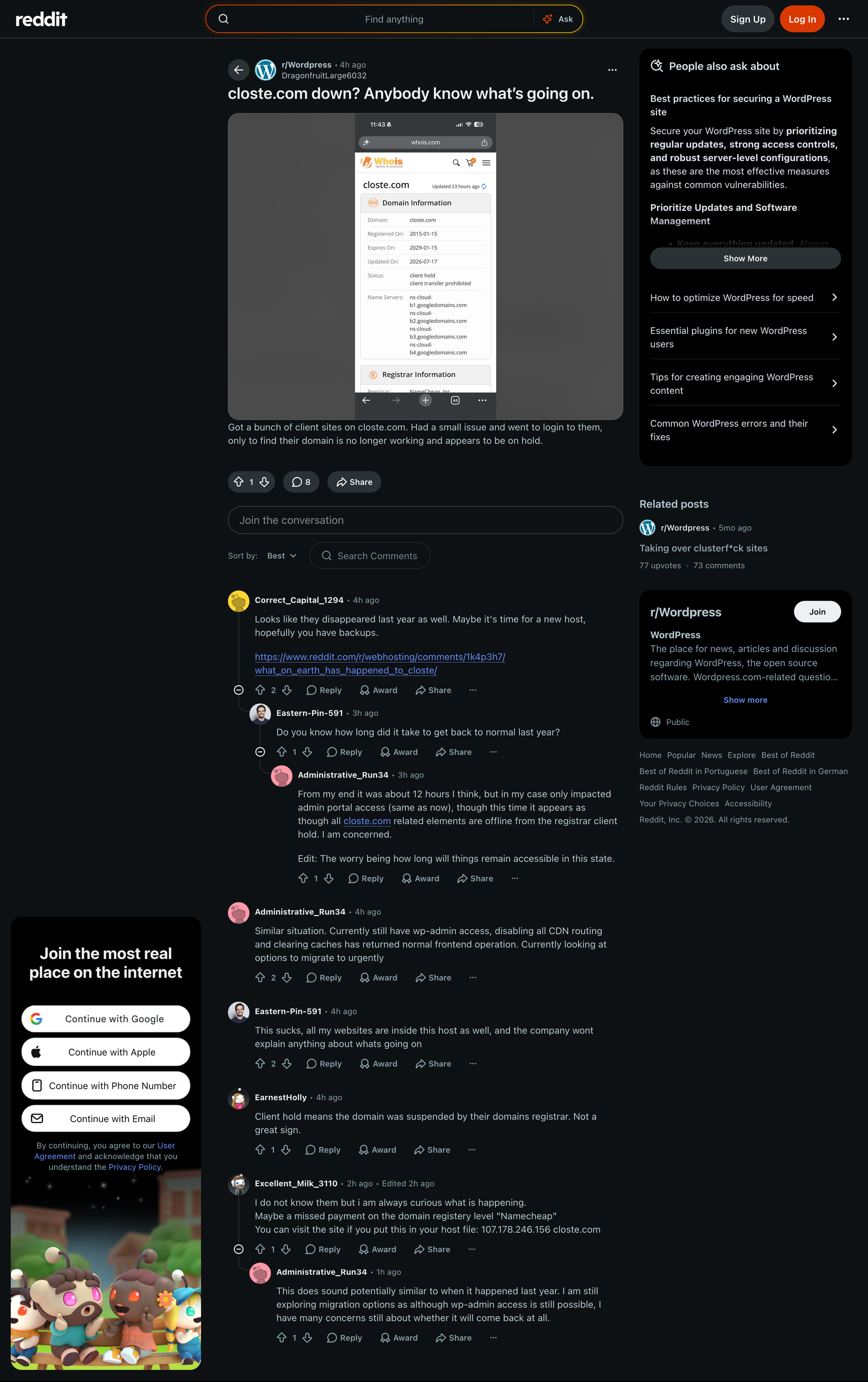Reddit discussion where Closte customers reported the July 2026 incident