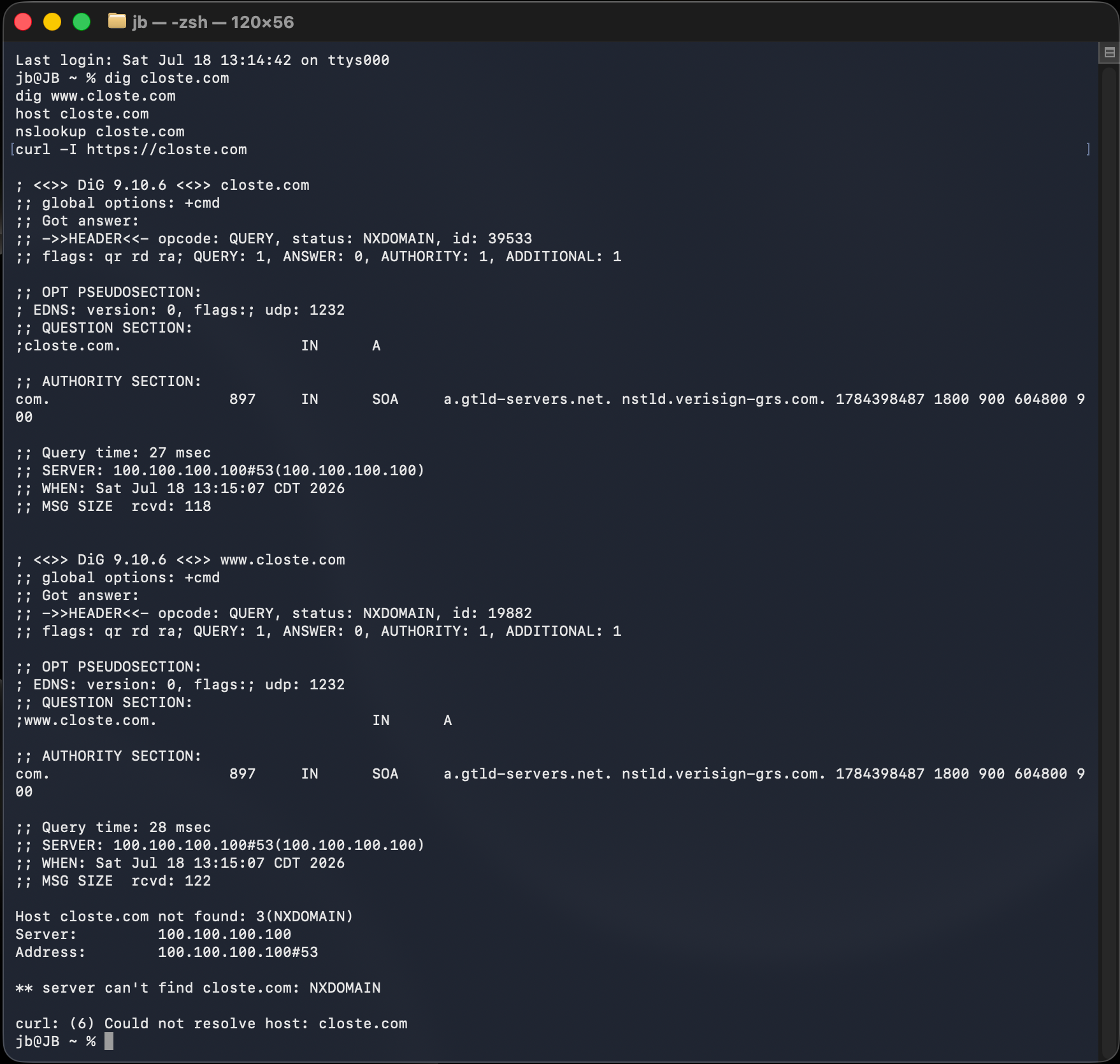 Terminal DNS tests for closte.com returning NXDOMAIN